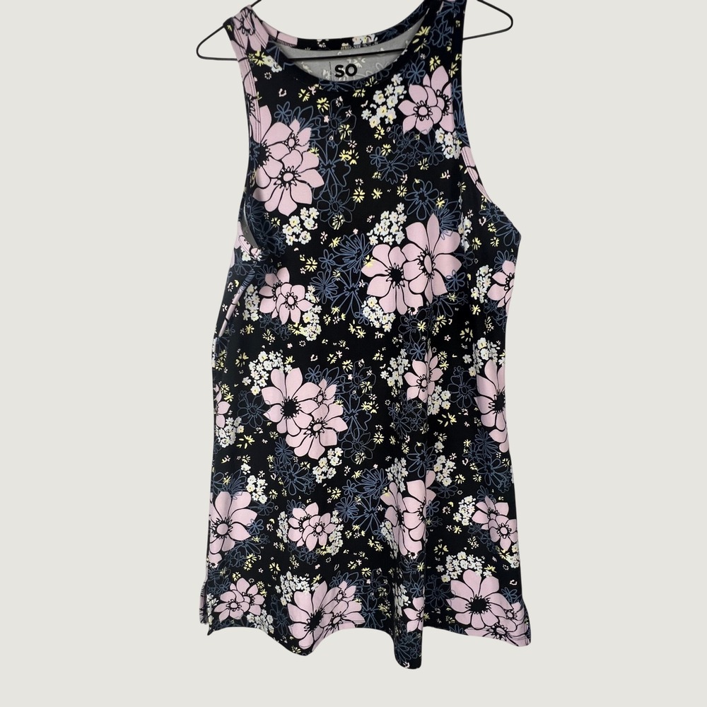 SO Womens Floral Sleeveless Tank Top Black Pink Yellow Racerback Size L